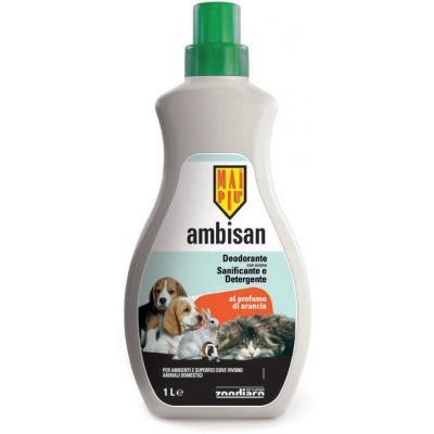 Deodorante con azione Sanificante e Detergente.
Detergente per ambienti e superfici dove vivono animali domestici.
