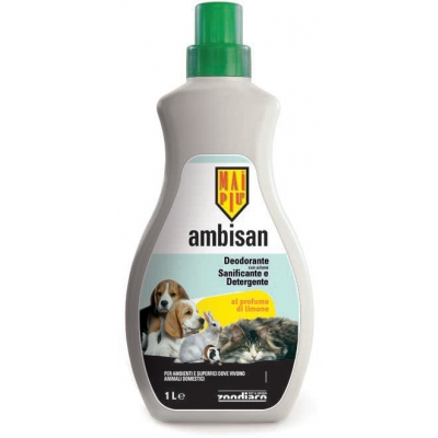 Deodorante con azione Sanificante e Detergente.
Detergente per ambienti e superfici dove vivono animali domestici.
